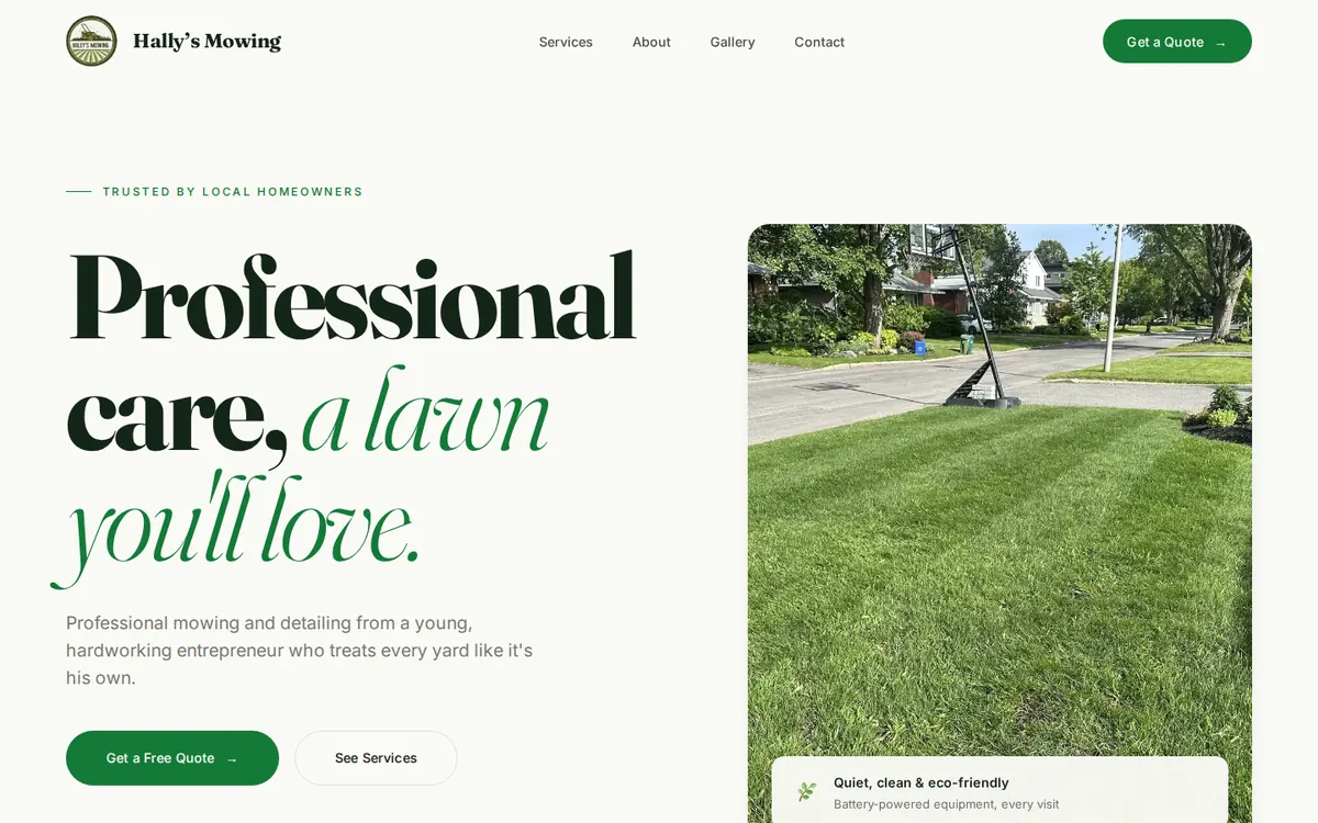 hallysmowing.ca home page on desktop