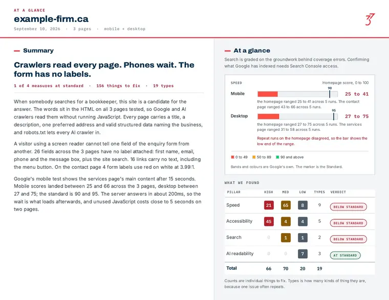 A page of a Standards Report showing the summary, the speed bars and the four-pillar verdict table.