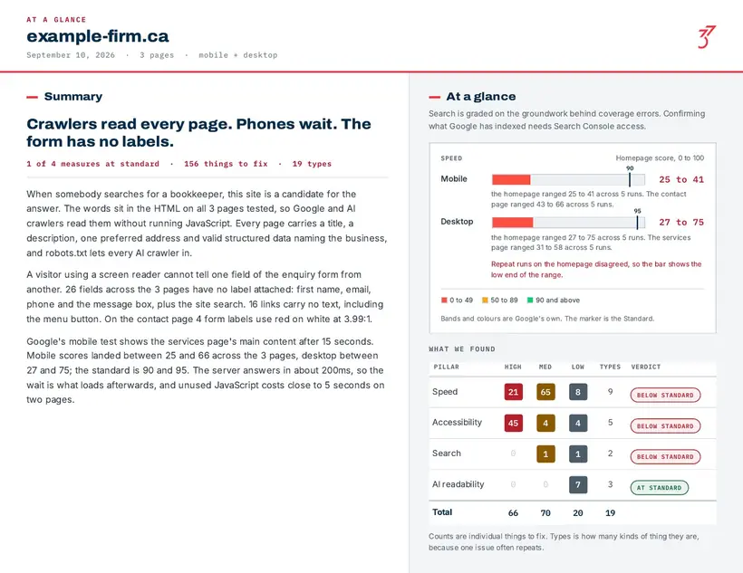 A page of a Standards Report showing the summary, the speed bars and the four-pillar verdict table.