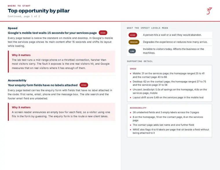 A page of a Standards Report showing the top finding on each pillar, and why it matters.