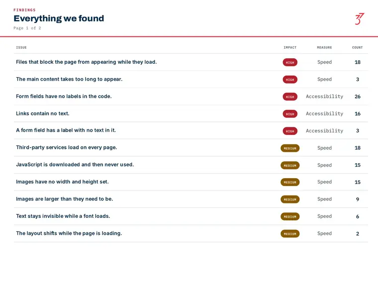 A page of a Standards Report listing every issue found on the pages tested.