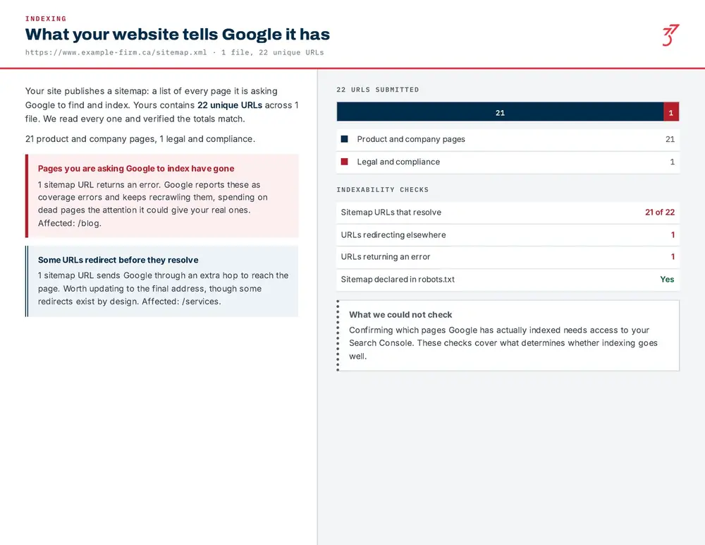 A page of a full Standards Report showing the sitemap check and what the site tells Google it has.